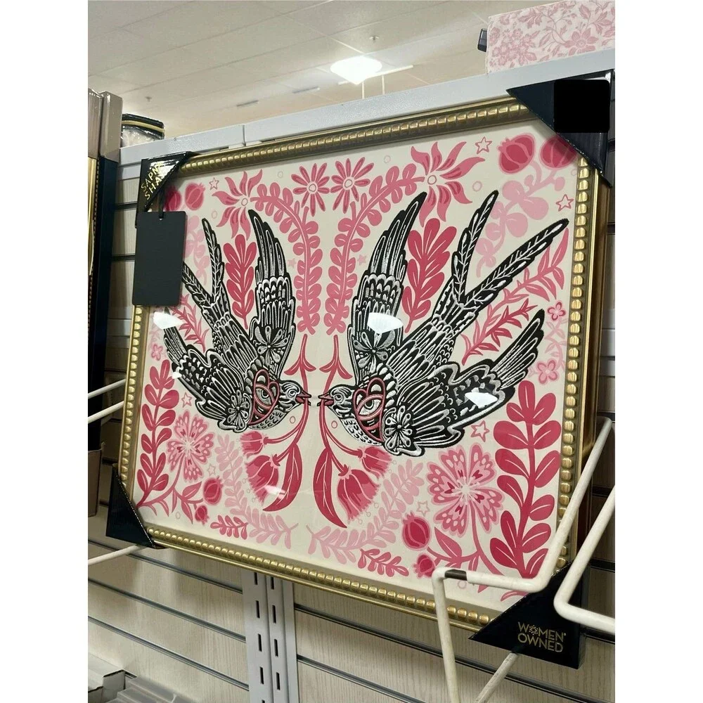Sapna Shah Embroidered Dove Birds Eye Floral Large Gold Frame Wall Art Decor